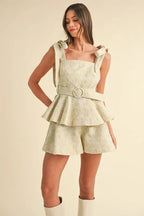MABLE Jacquard Floral Peplum Top and Flare Shorts Set