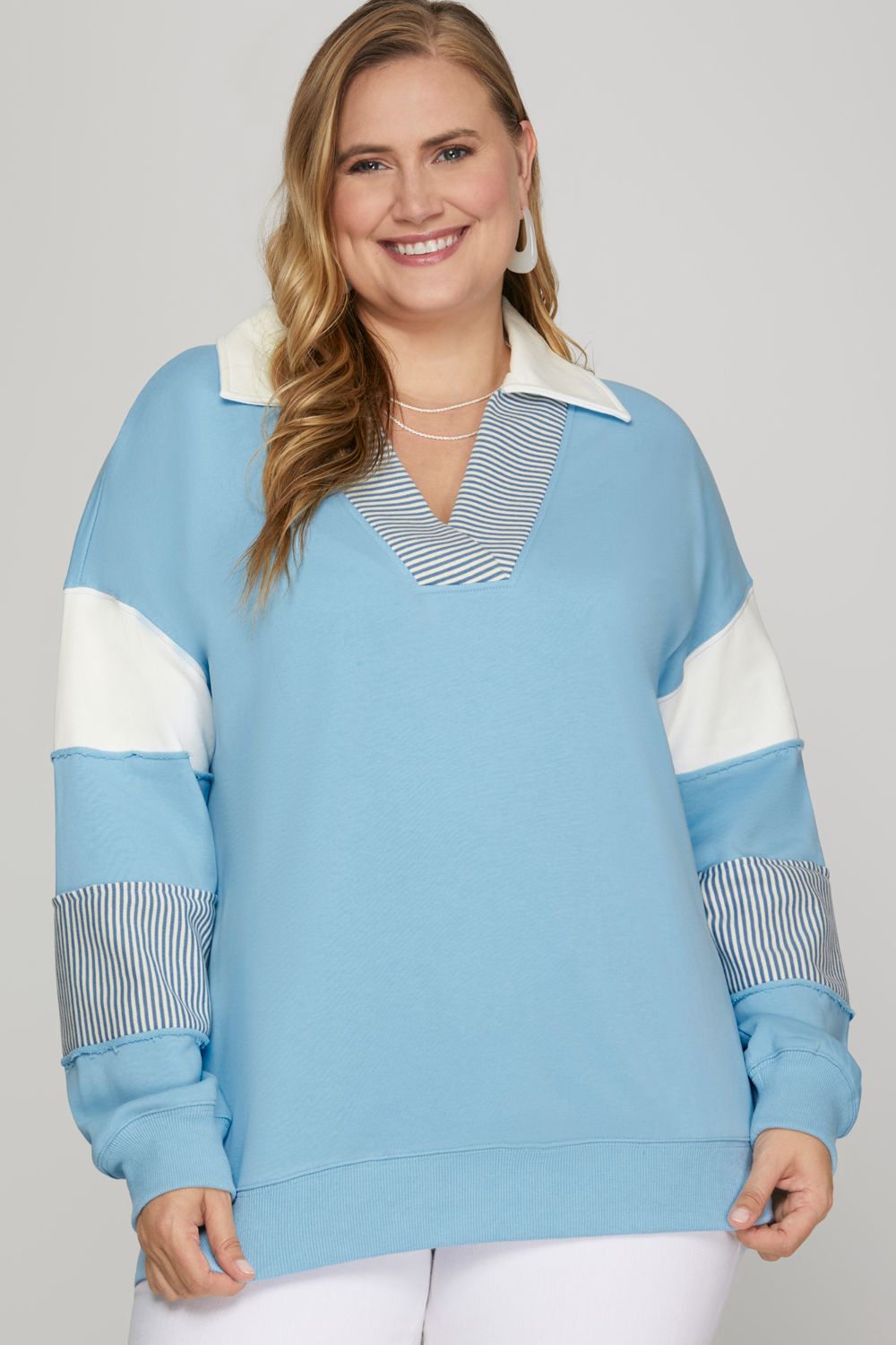 She + Sky Full Size Color Block Sleeve Johnny Collar French Terry Sweatshirt Plus Size Zweitbild