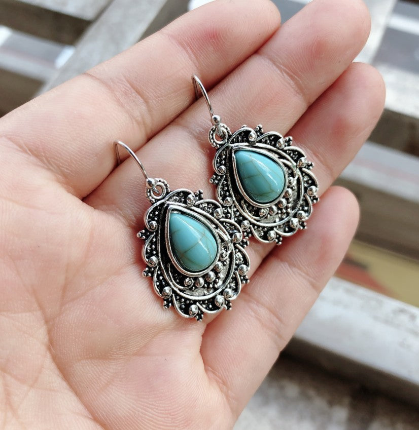 Artificial Turquoise Alloy Teardrop Dangle Earrings - felvior