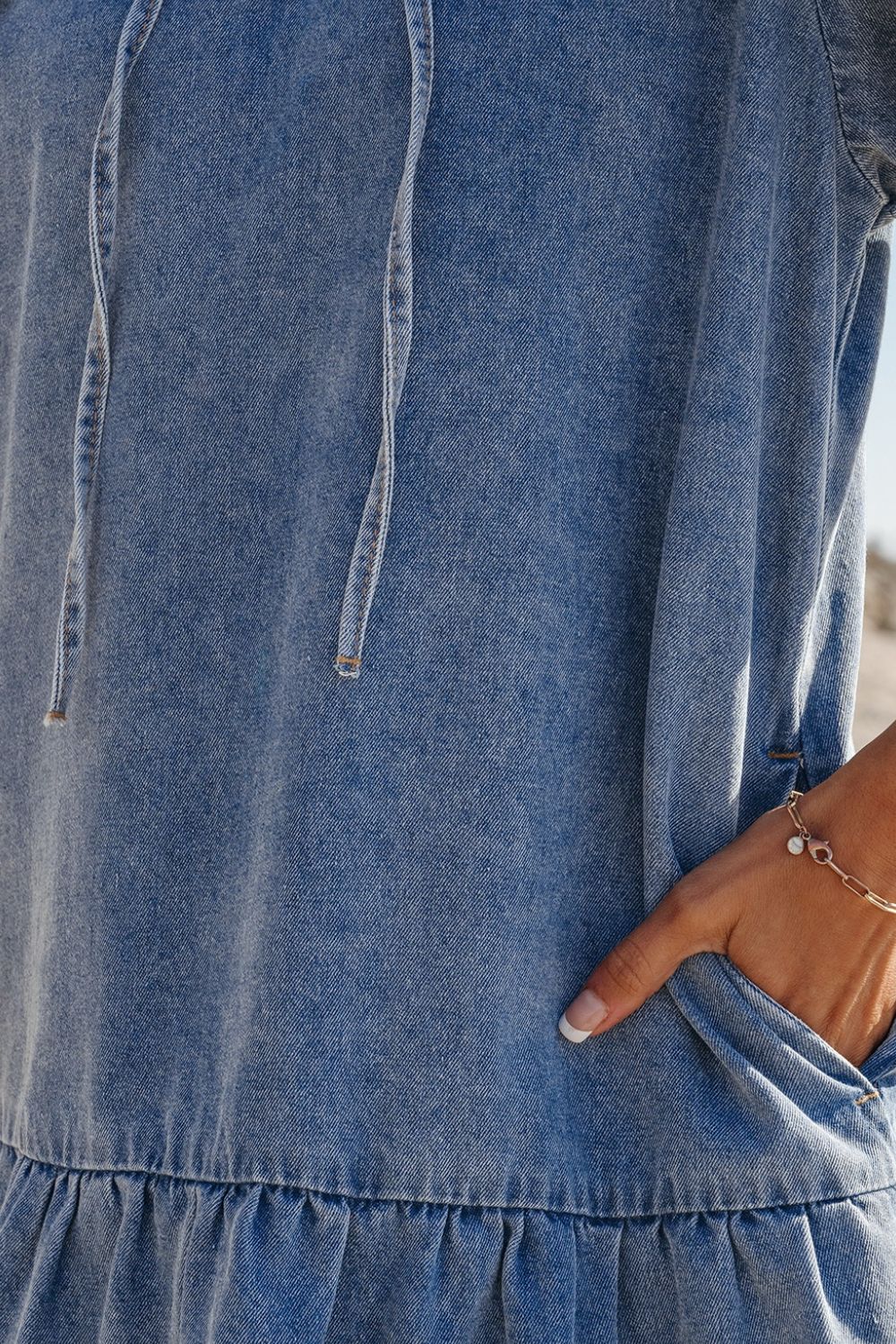 Ruffled Side Pockets Puff Sleeve Denim Mini Dress