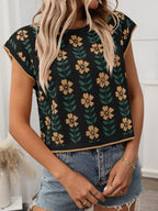 Flower Round Neck Short Sleeve Knit Top