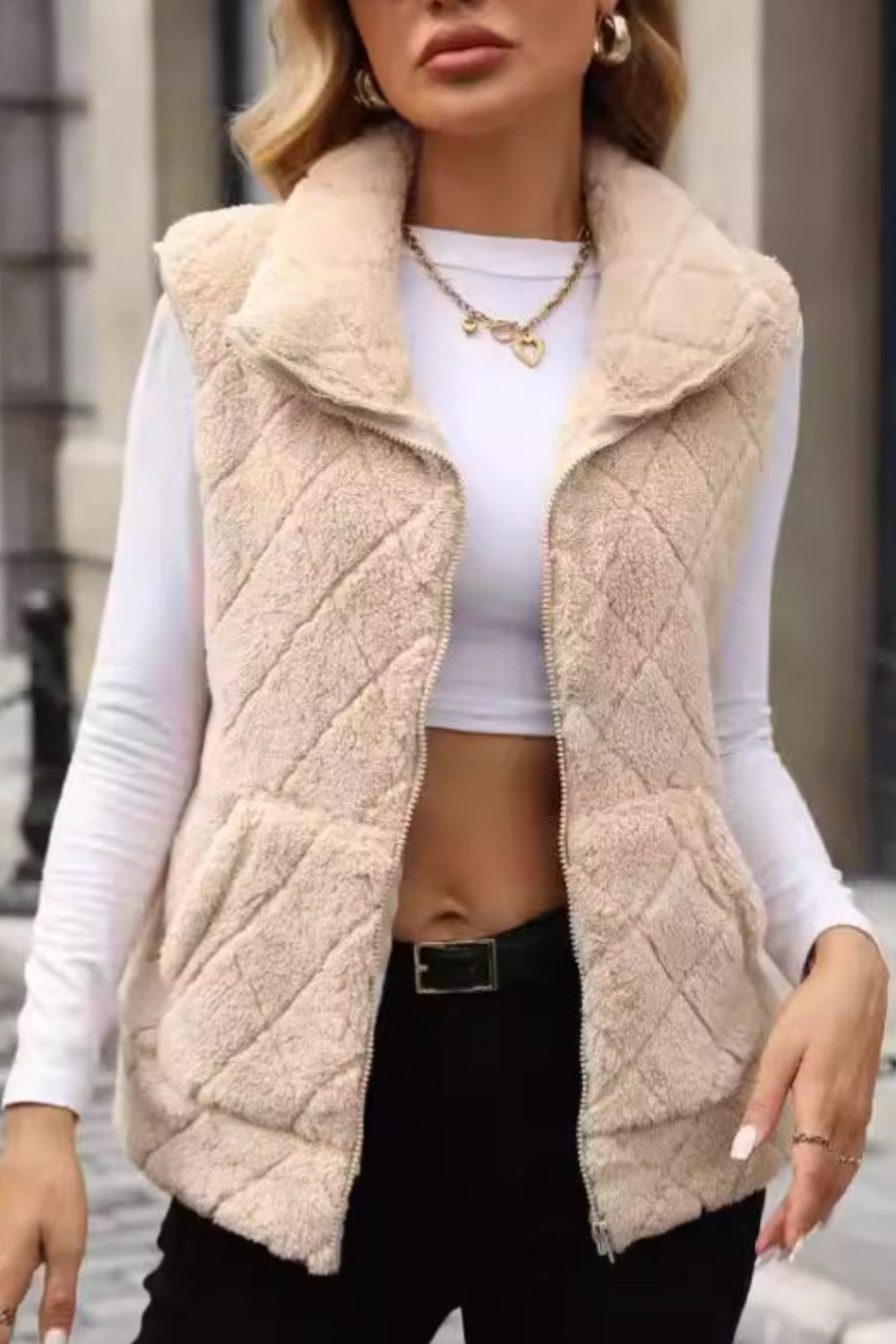 Fuzzy Plaid Texture Zip Up Vest Coat - felvior