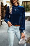 Tie Up Mock Neck Velvet Fabric Long Sleeve Blouse - felvior