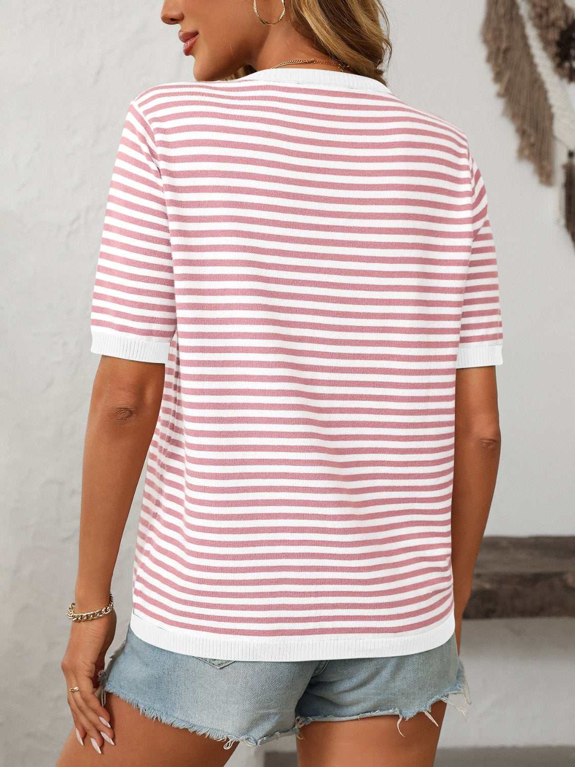 Mandy Striped Round Neck Half Sleeve Knit Top - felvior