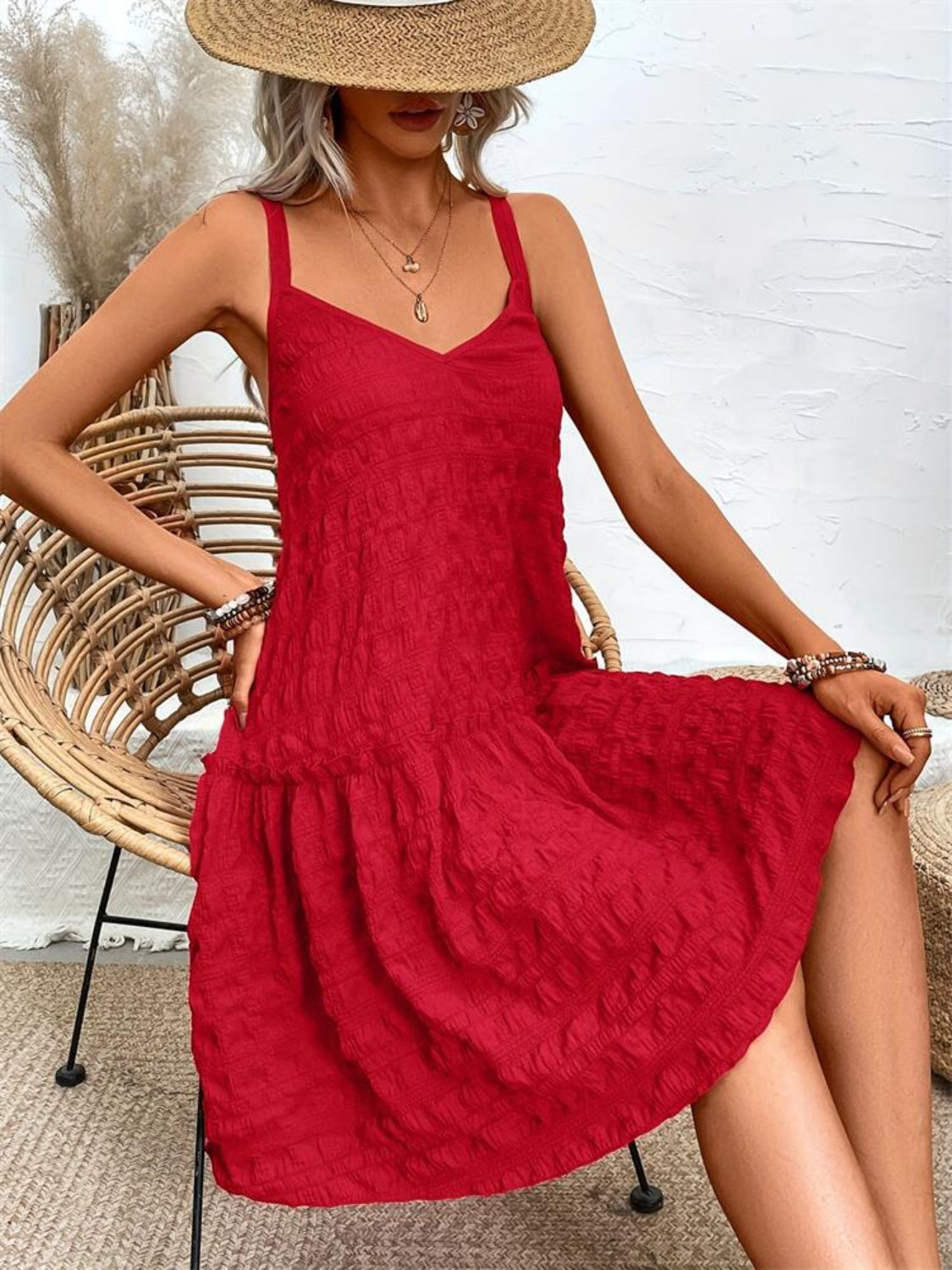 Crisscross Double Spaghetti Straps Tiered Cami Dress - felvior