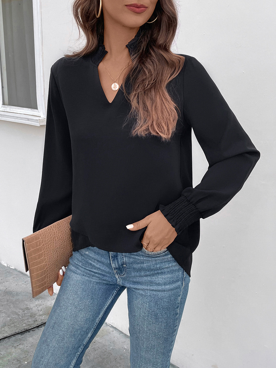 Perfee Smocked Notched Long Sleeve Blouse - felvior