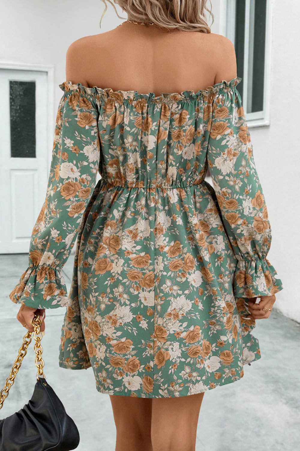 Floral Off-Shoulder Flounce Sleeve Dress - felvior