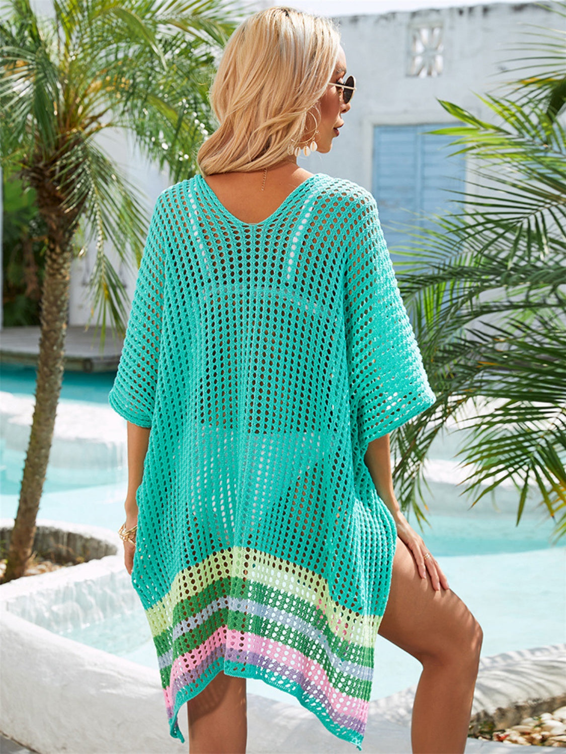 Slit Openwork V-Neck Half Sleeve Cover-Up - felvior