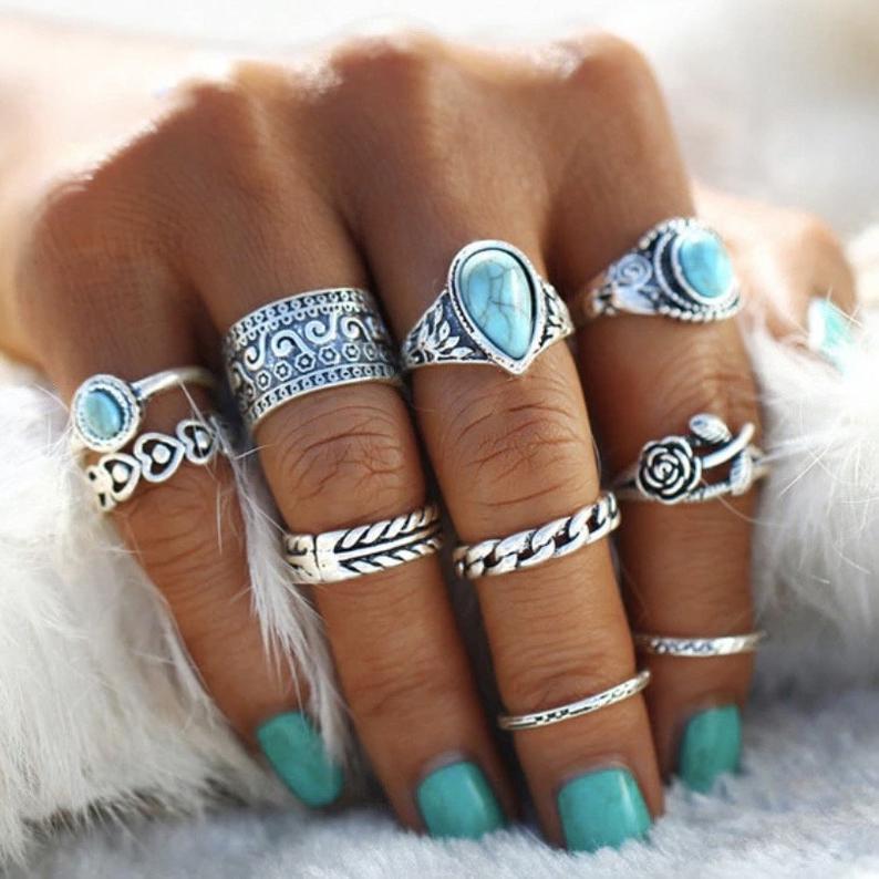 Artificial Turquoise Alloy Ring 10-Piece Set - felvior