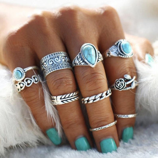 Artificial Turquoise Alloy Ring 10-Piece Set - felvior