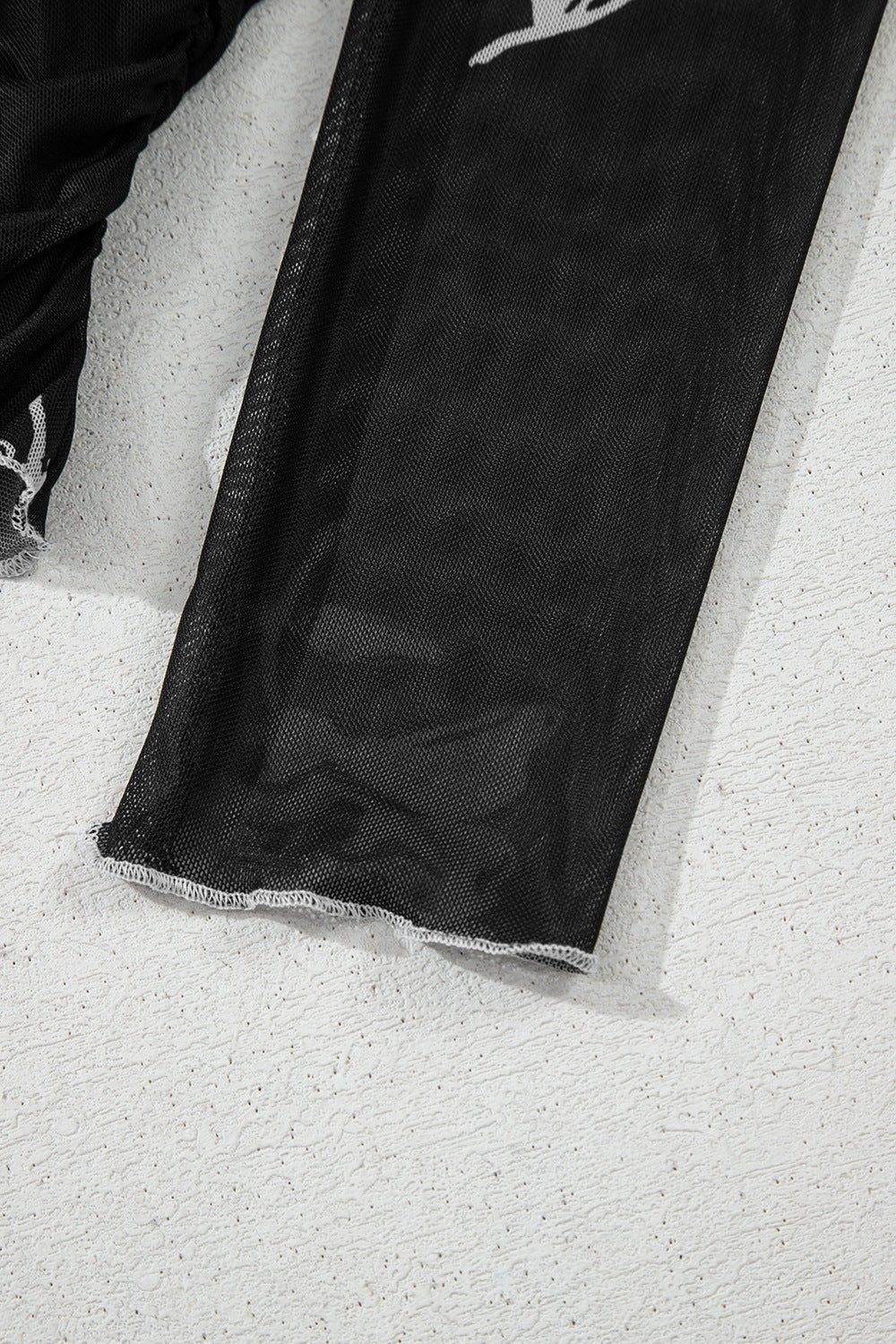 Floral Mesh Lettuce Edge Ruched Slim Long Sleeve Top