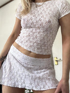 Lace Round Neck Short Sleeve Top and Skirt Set