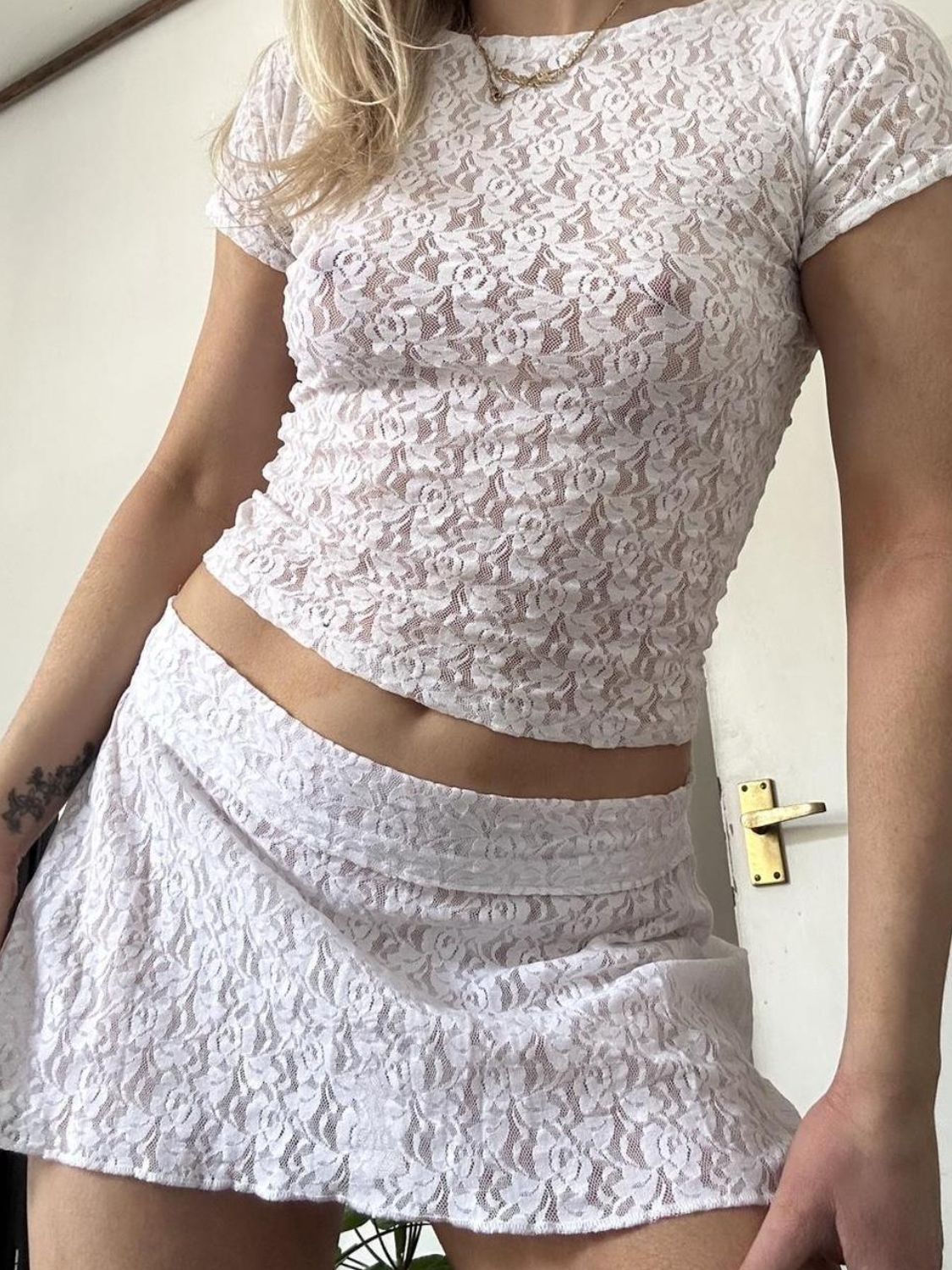 Lace Round Neck Short Sleeve Top and Skirt Set