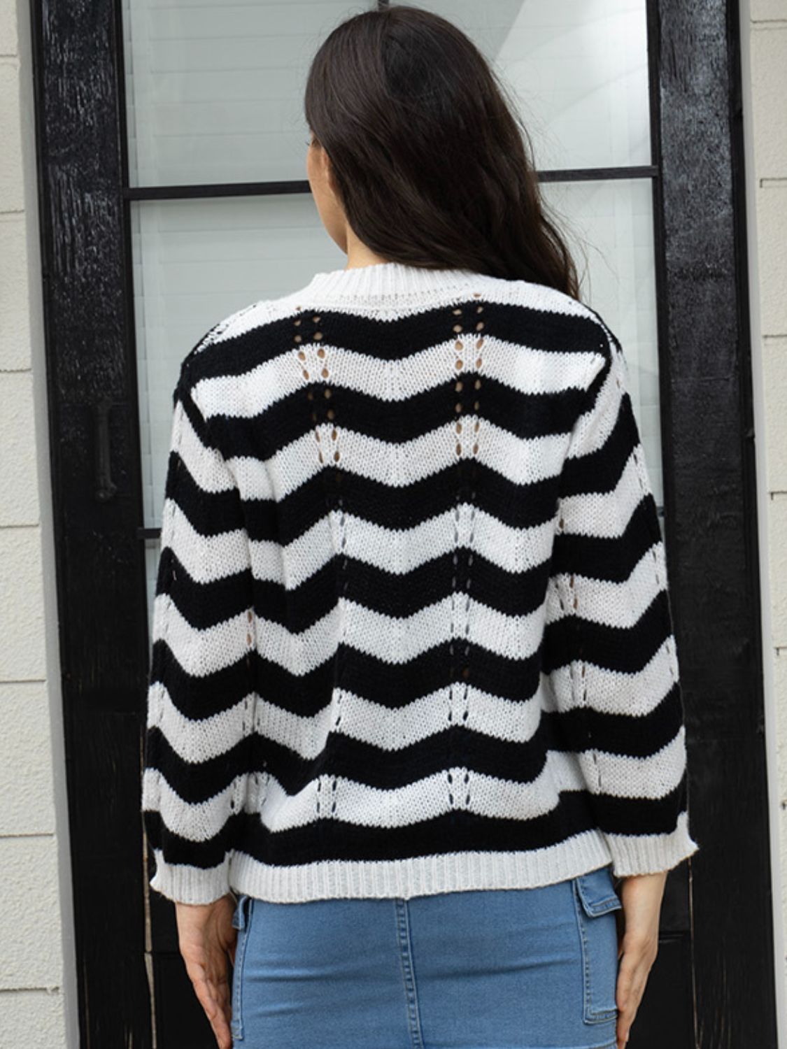Openwork Striped V-Neck Sweater - felvior