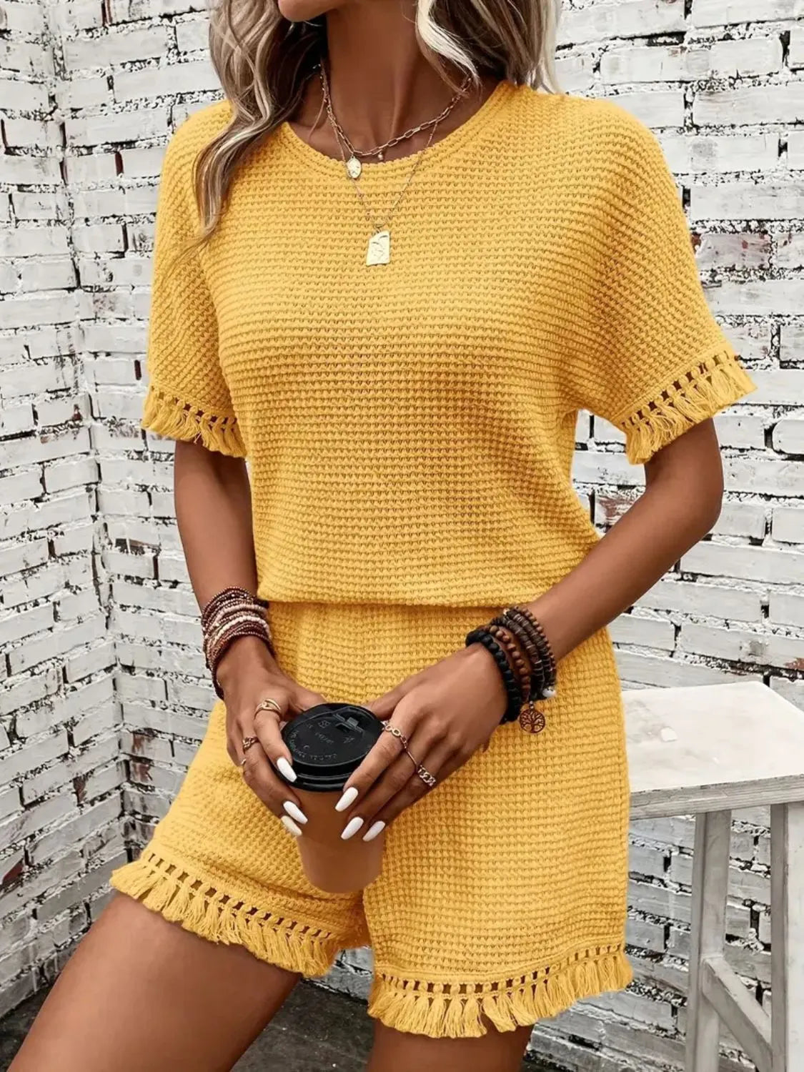 Tassel Round Neck Top and Shorts Set - felvior