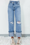 Distressed Straight Jeans with Pockets - felvior