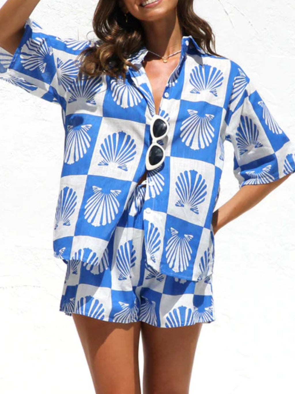 Printed Button Down Short Sleeve Top and Shorts Set