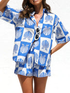 Printed Button Down Short Sleeve Top and Shorts Set