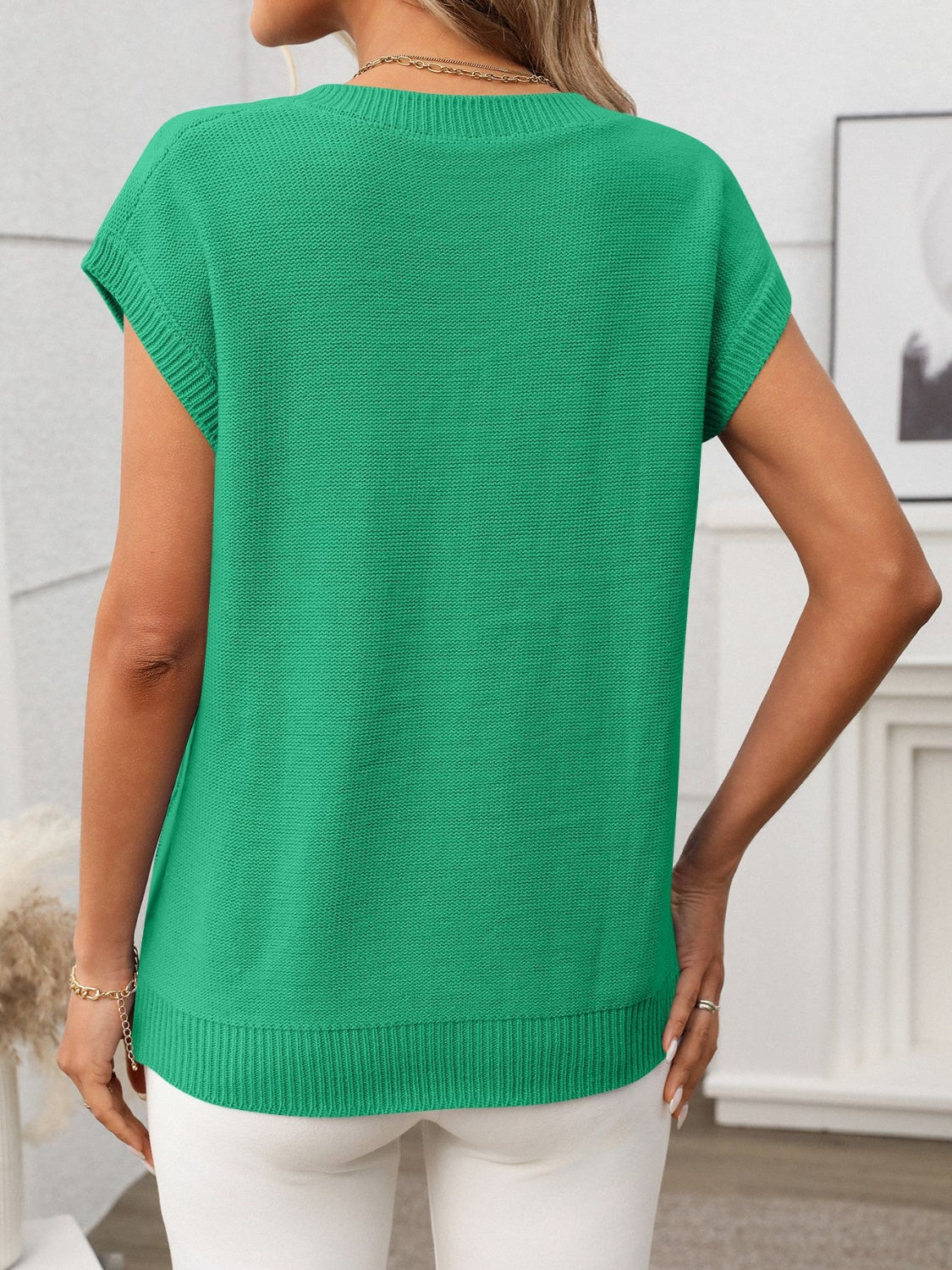 Cable-Knit V-Neck Short Sleeve Knit Top - felvior