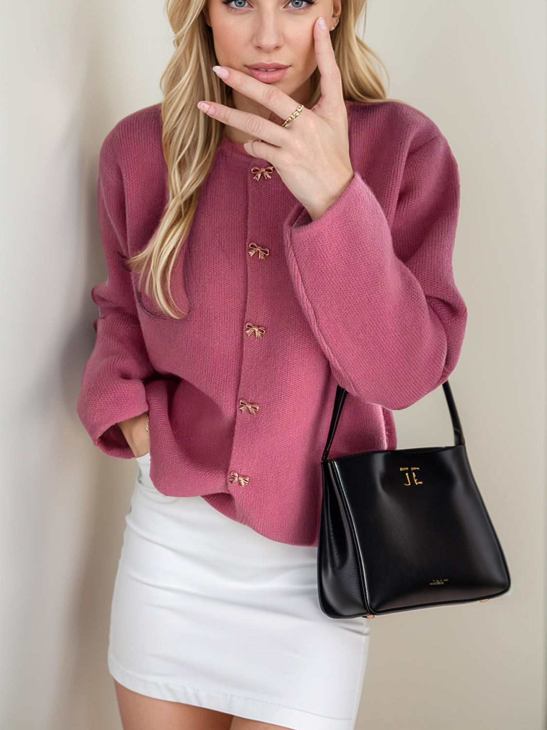 Bow Button Down Round Neck Long Sleeve Cardigan - felvior