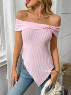 Ribbed Off-Shoulder Asymmetrical Hem T-Shirt