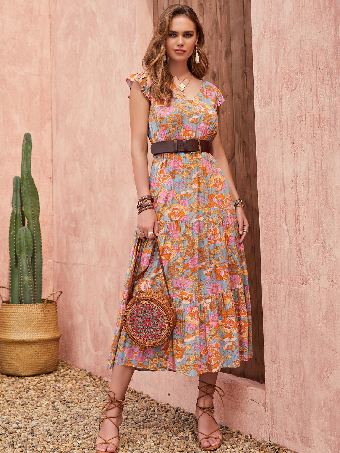 Ruffled Printed V-Neck Cap Sleeve Tiered Dress - felvior