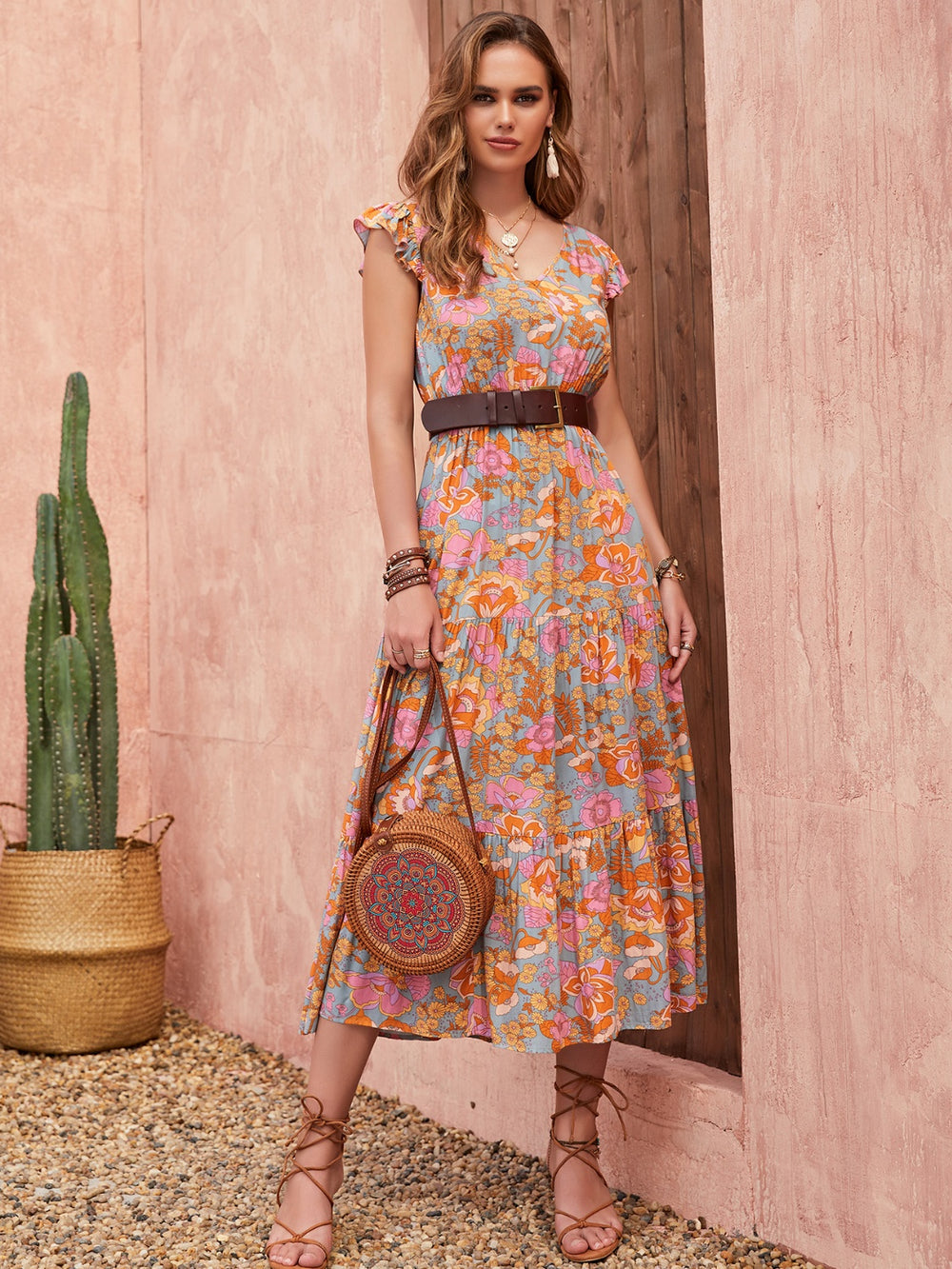 Ruffled Printed V-Neck Cap Sleeve Tiered Dress - felvior