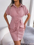 Button Down Ruched Tie Belt Dress - felvior