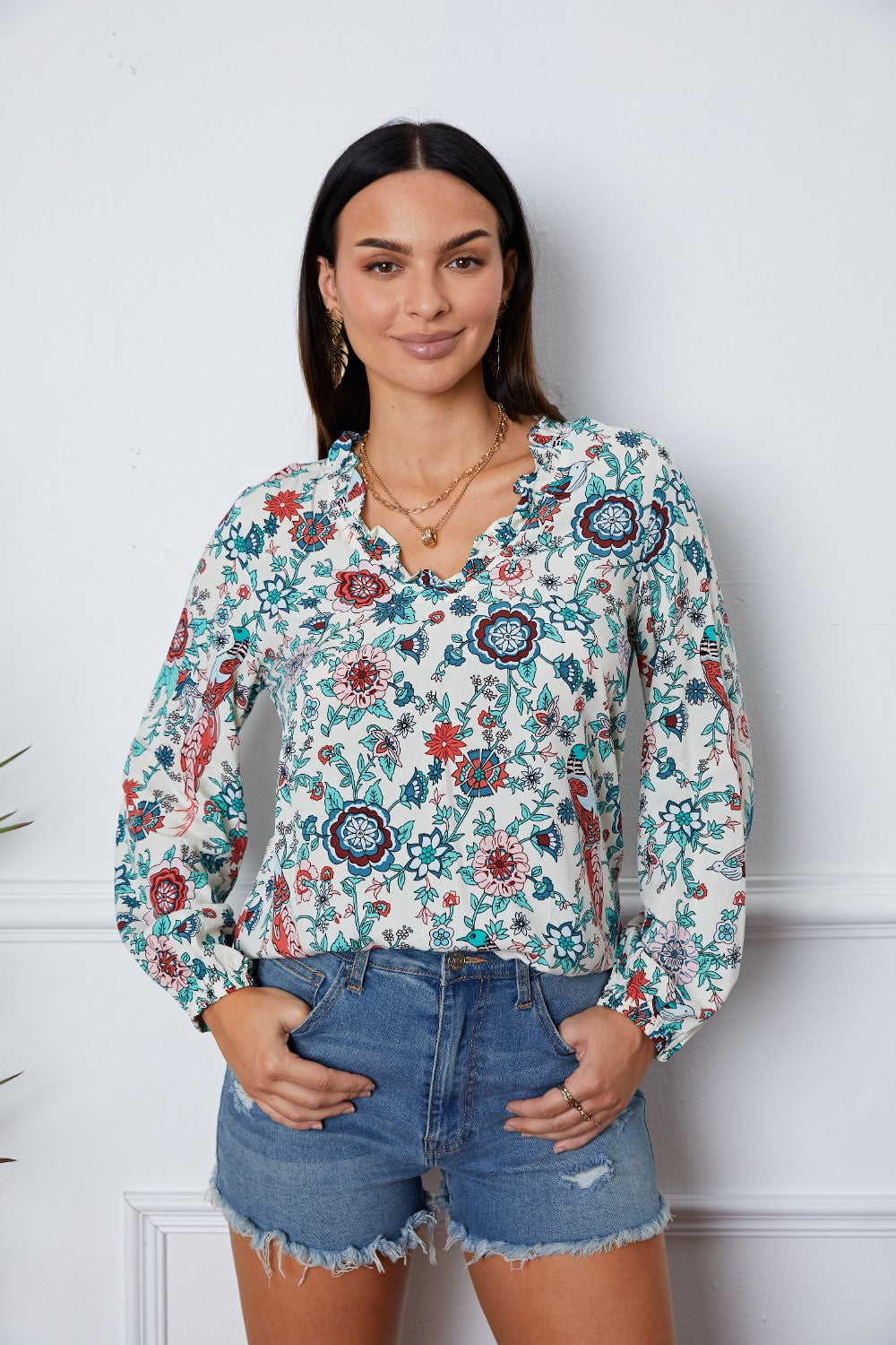Floral Notched Long Sleeve Blouse - felvior