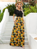 Printed Round Neck Short Sleeve Maxi Dress - felvior