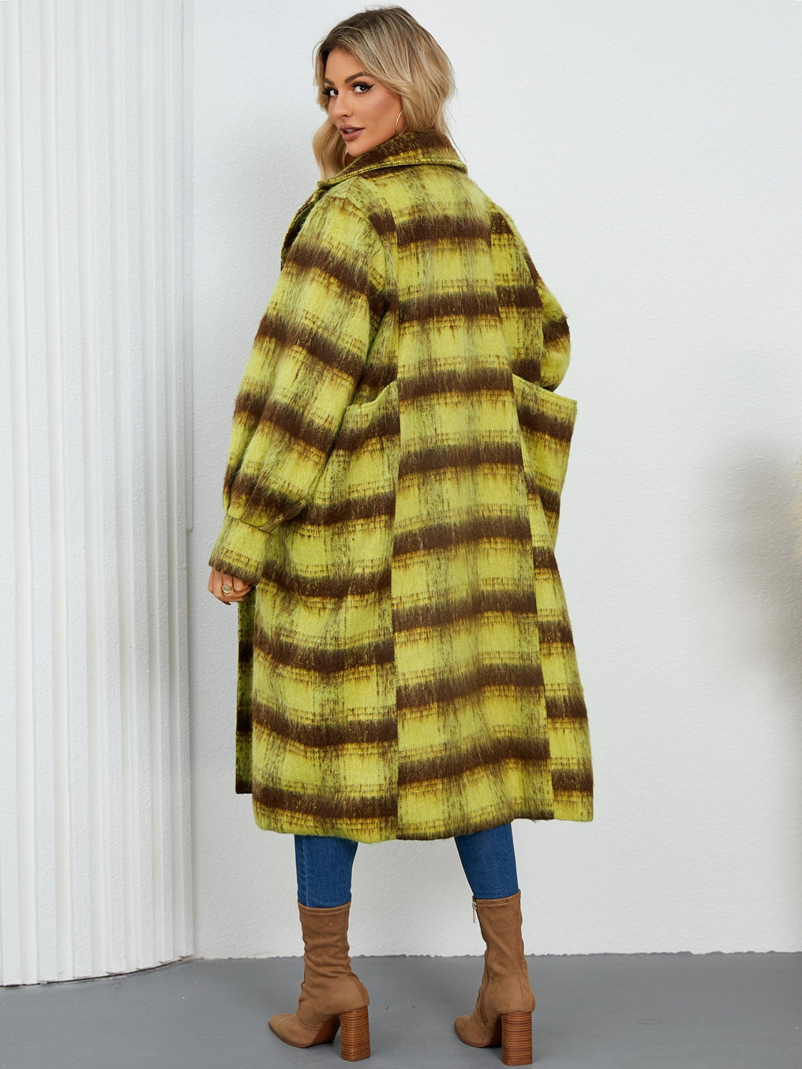 Contrast Double-Breasted Long Sleeve Longline Coat - felvior