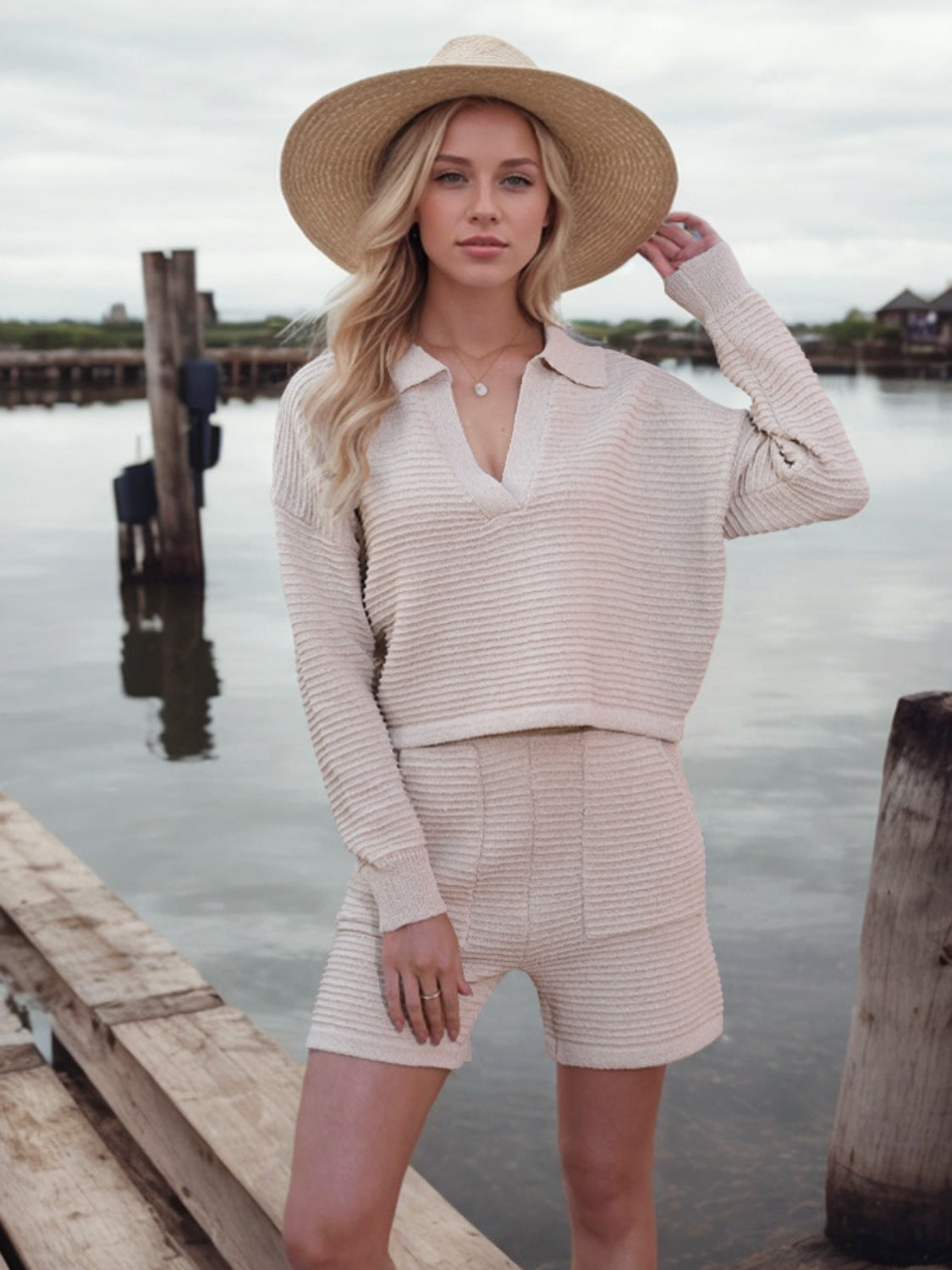 Johnny Collar Long Sleeve Top and Shorts Sweater Set - felvior