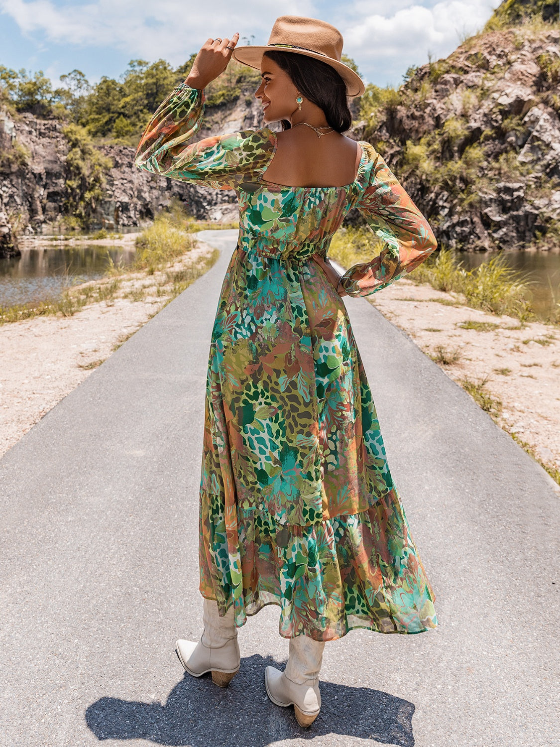 Printed V-Neck Long Sleeve Dress - felvior