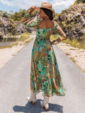 Printed V-Neck Long Sleeve Dress - felvior
