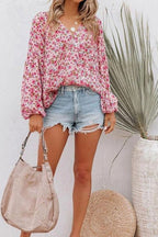 Printed Notched Long Sleeve Blouse