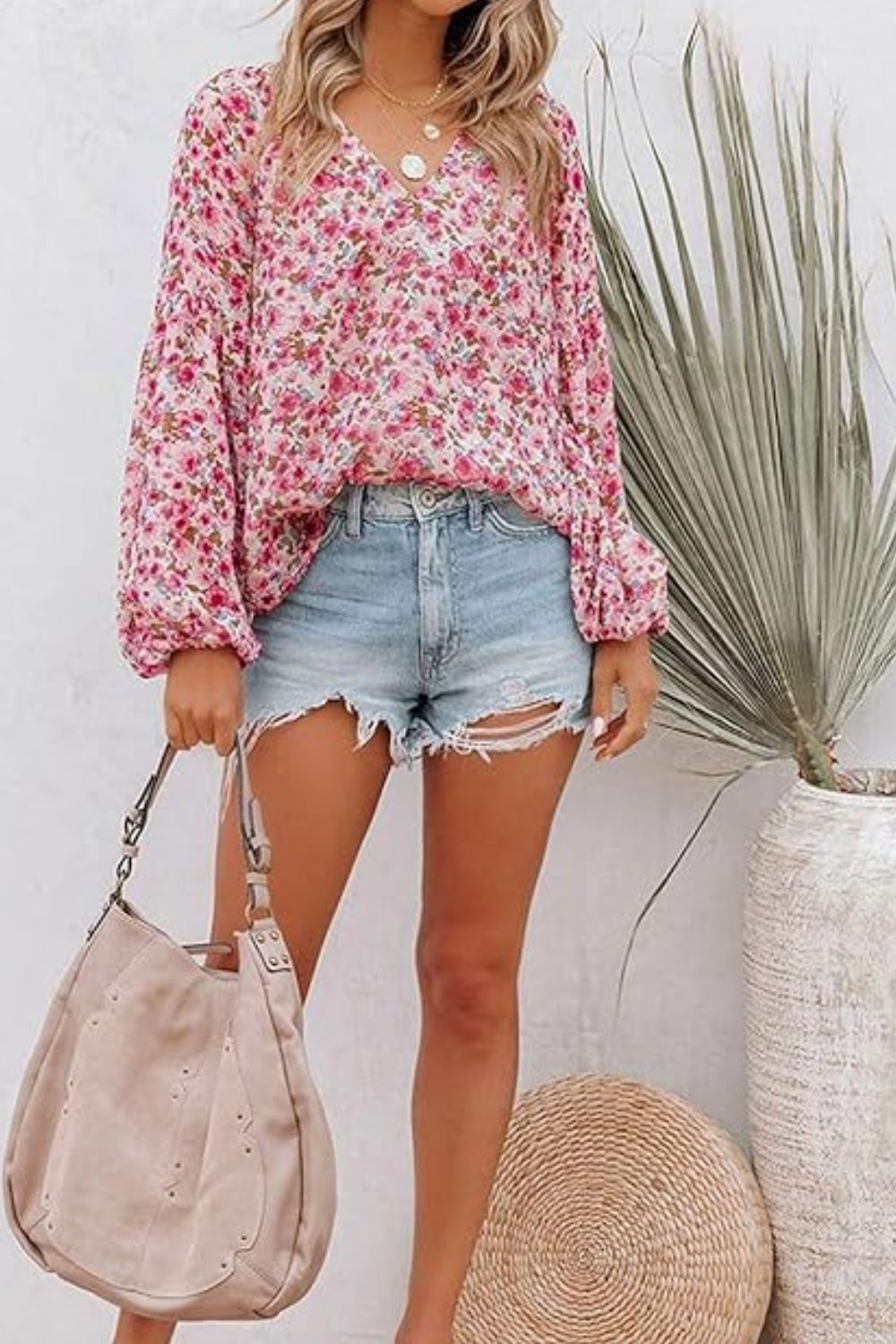 Printed Notched Long Sleeve Blouse