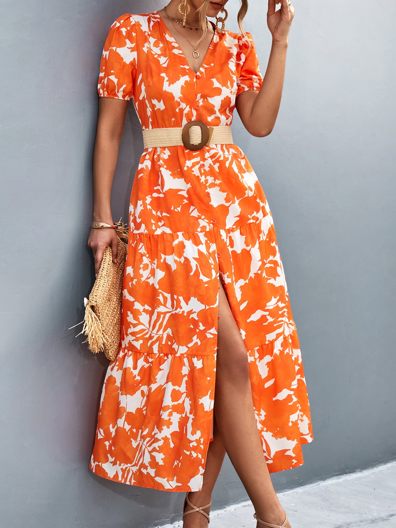 V-Neck Short Sleeve High Slit Midi Dress - felvior