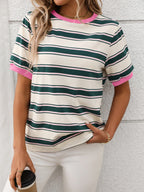 Contrast Striped Round Neck Short Sleeve T-Shirt