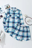 Plaid Snap Down Long Sleeve Top and Shorts Lounge Set - felvior