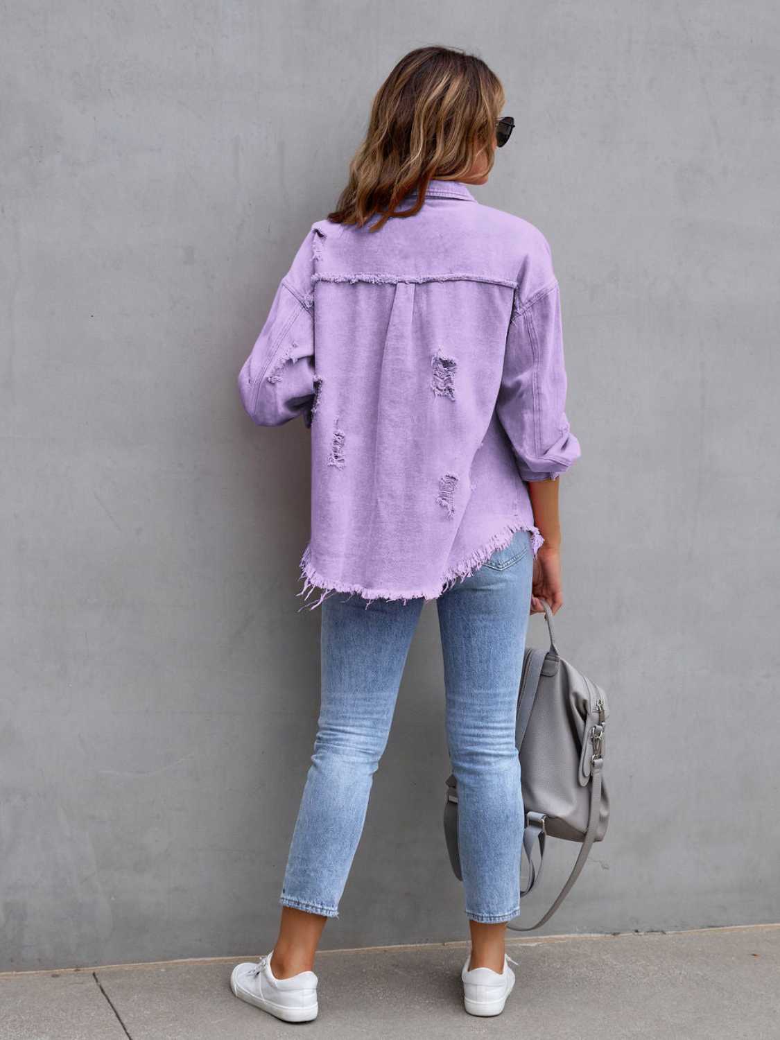 Distressed Drop Shoulder Denim Jacket - felvior