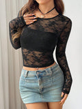 Round Neck Long Sleeve Lace Sheer Top - felvior