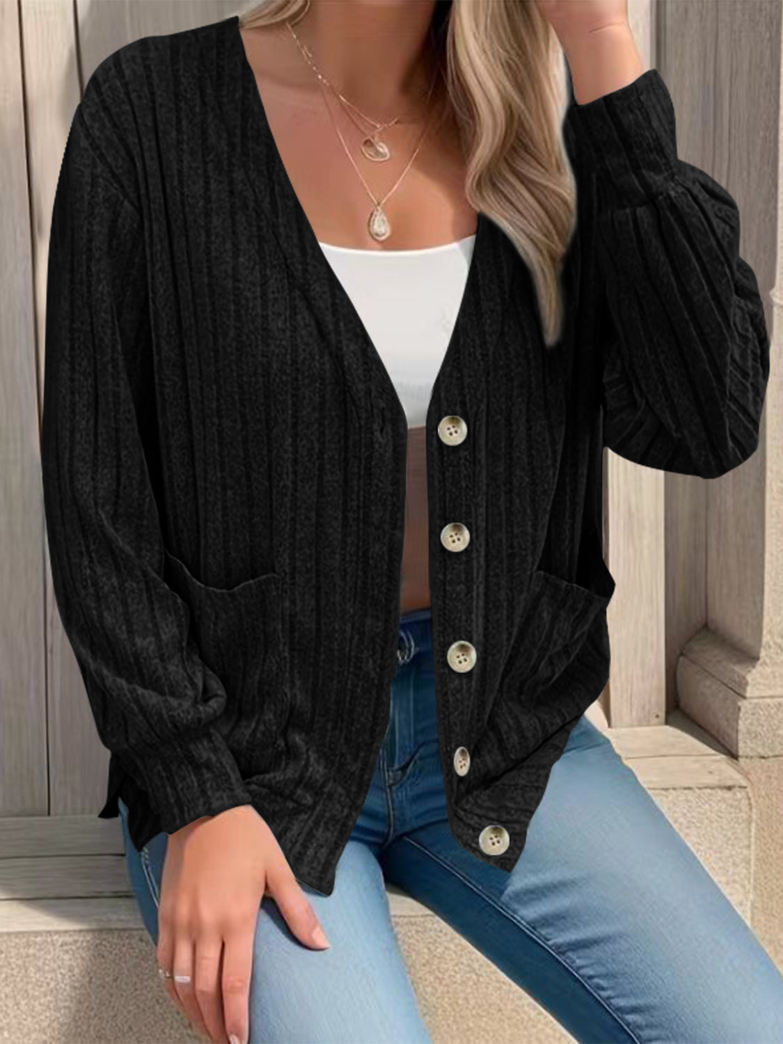 Full Size Button Up V-Neck Long Sleeve Cardigan - felvior