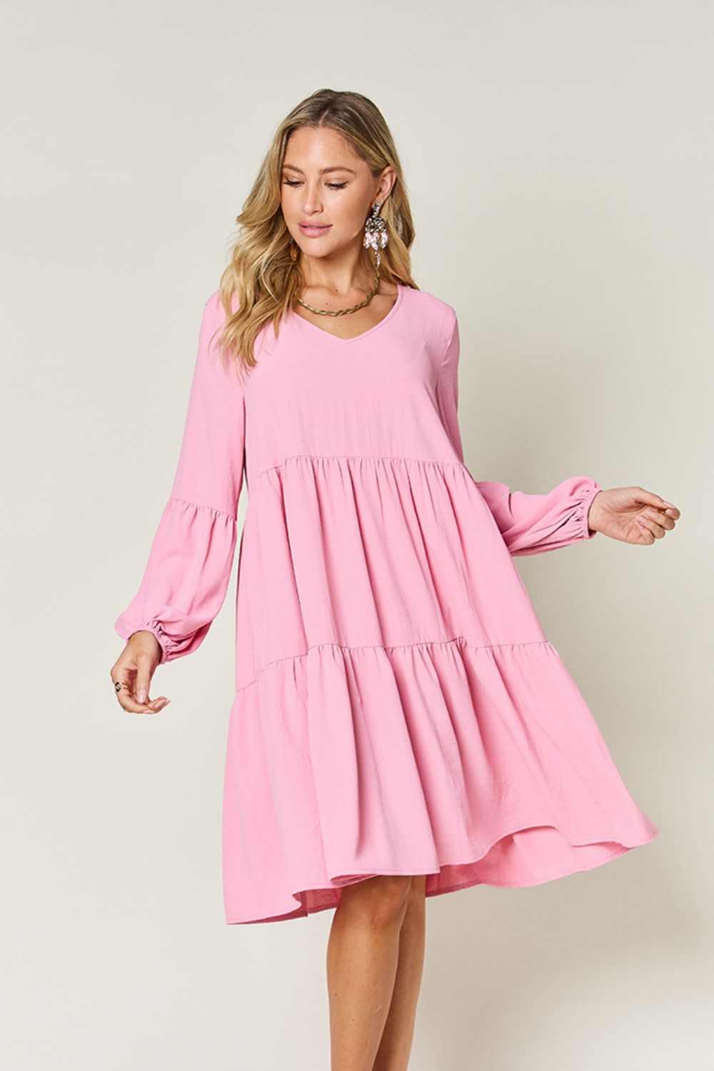 Double Take Full Size V-Neck Balloon Sleeve Tiered Dress with Pockets - felvior
