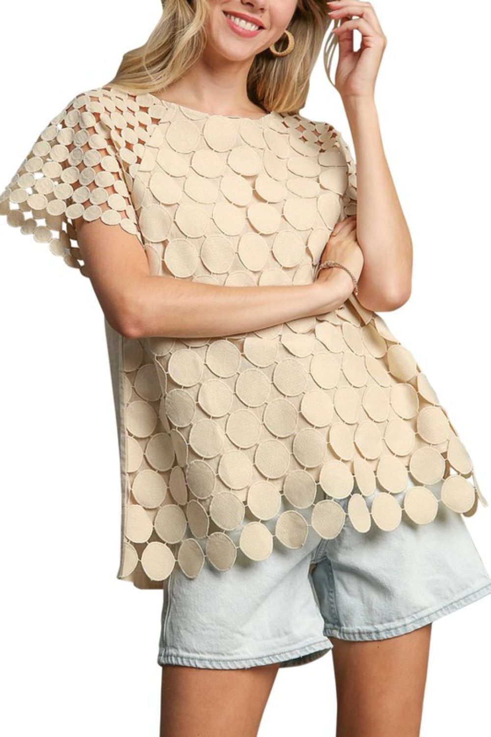 Umgee Full Size Mixed Polka Dot Lace Raglan Sleeve Boxy Cut Top Plus Size Image principale du produit