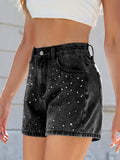 Rhinestone Washed High Waist Denim Shorts - felvior