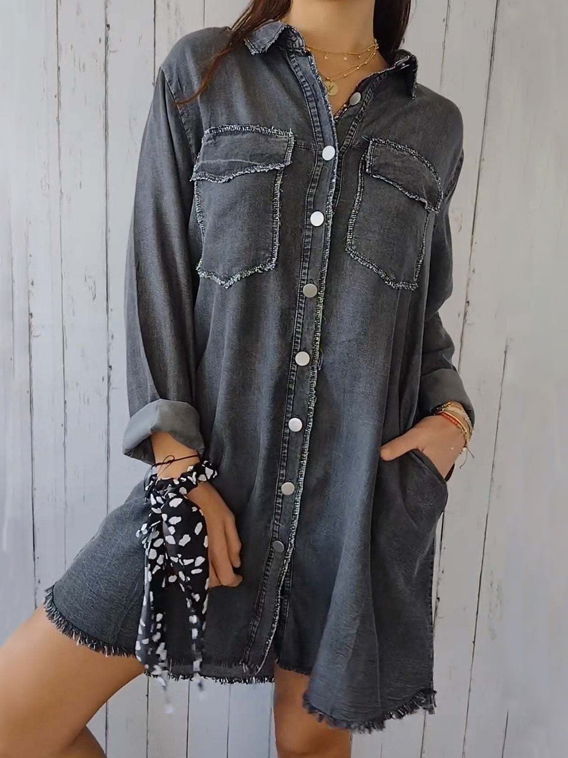 Full Size Raw Hem Button Up Long Sleeve Denim Top Plus Size - felvior