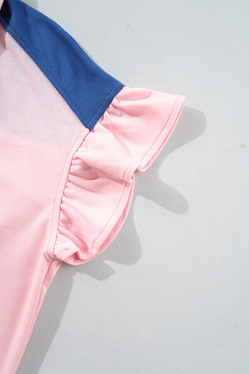 Color Block Half Buttoned Ruffled Short Sleeve T Shirt - felvior