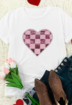 Sequin Checkered Heart Round Neck Short Sleeve T-Shirt