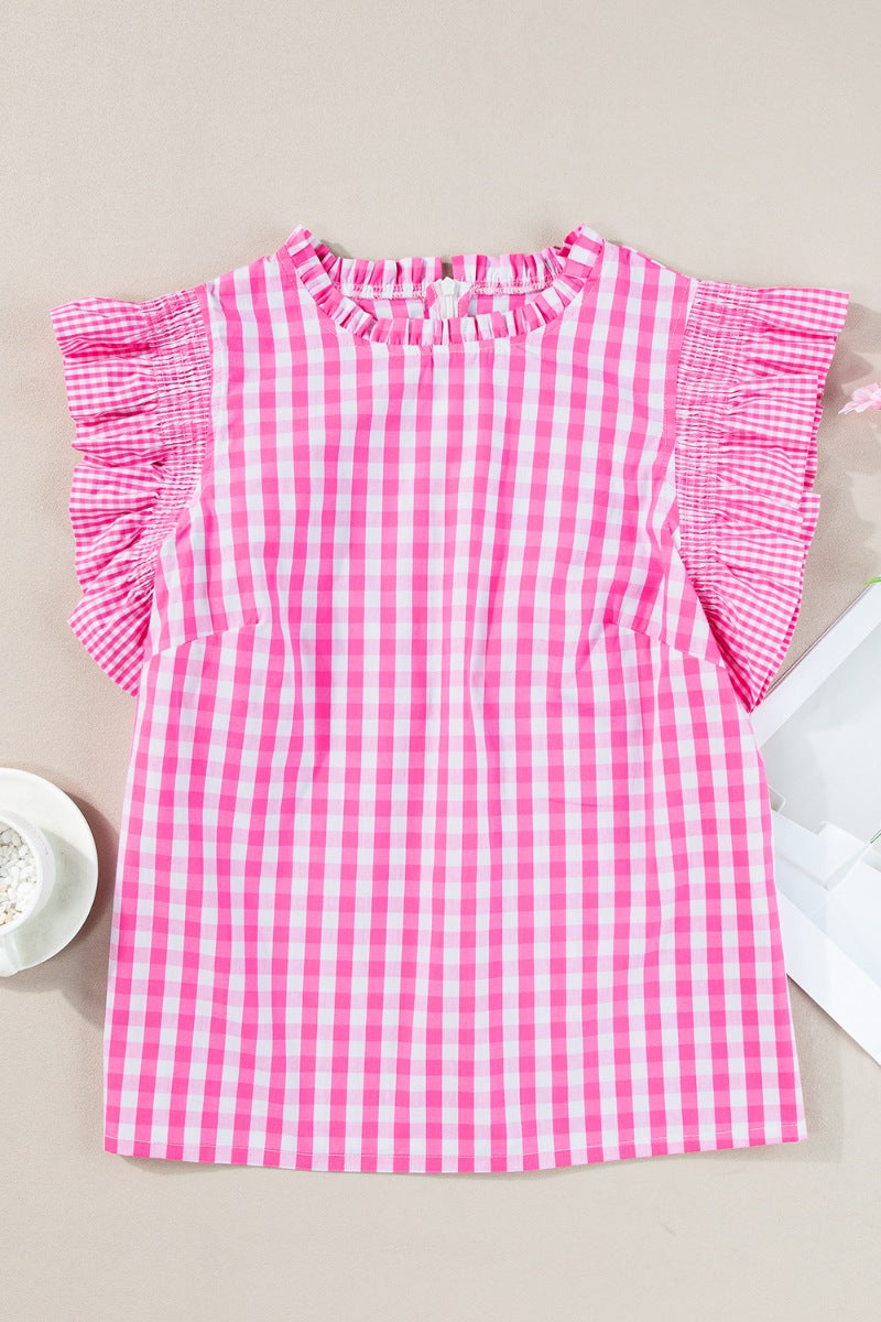 Checkered Ruffled Sleeve Frilled Neck Blouse