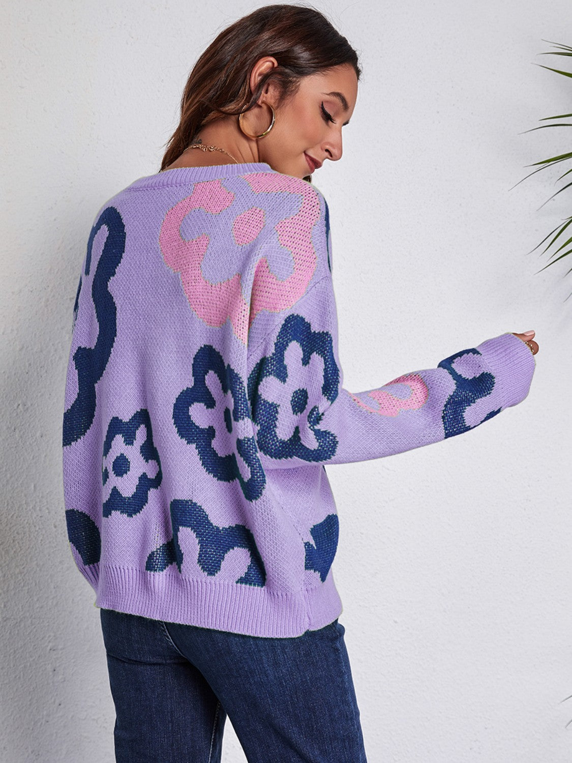 Flower Pattern Round Neck Long Sleeve Sweater - felvior